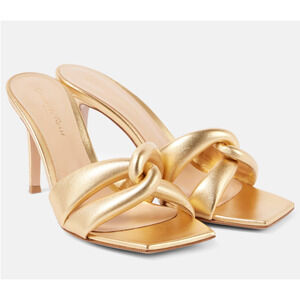 Gianvito Rossi Amour 85 Metallic Leather Mules Gold Silk Size 9.5 US 40 EU NIB